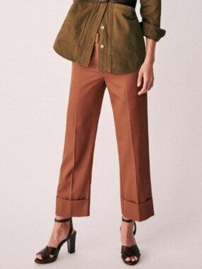 Sezane Chestnut Brown Jude Cropped Wide Leg Twill Pants, Sz FR 36 (US 4), GUC